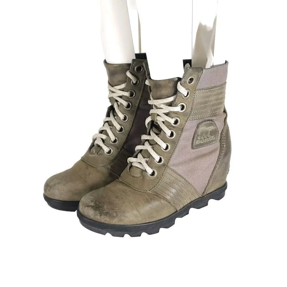 Sorel Womens Lexie US7 Gray Distressed Leather Canvas Lace Up Wedge Ankle Boots